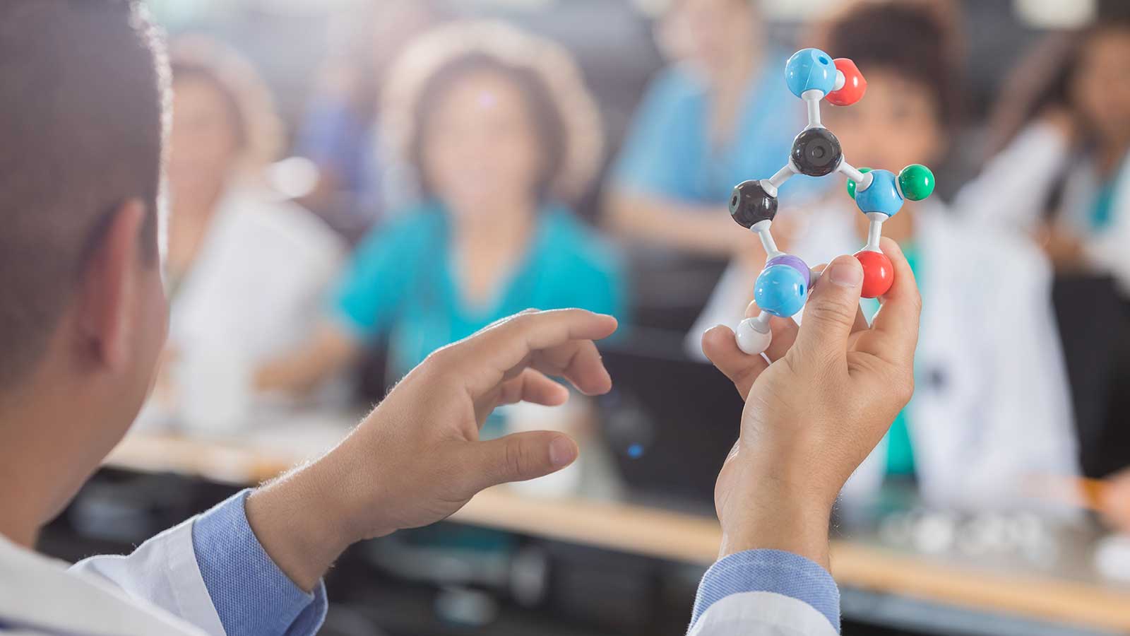 Person holding plastic molecule bonds representing Biology program at Clarkson