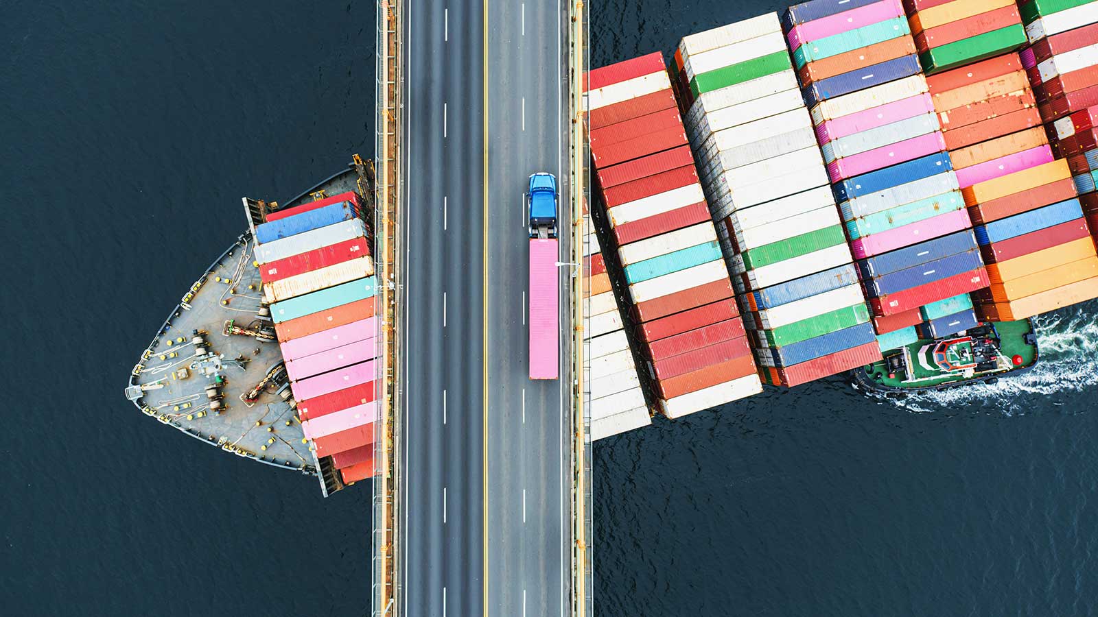 container ship passing under a bridge representing global supply chain