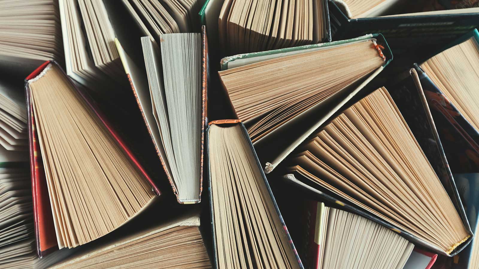 Top-down view of books representing literature studies at Clarkson University