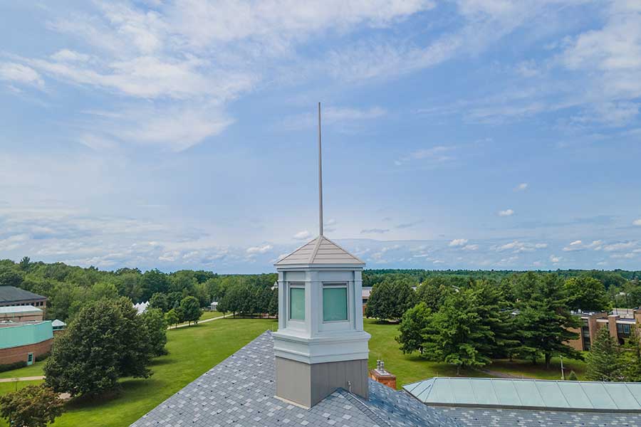 aerial view of Student Center cupola and main campus