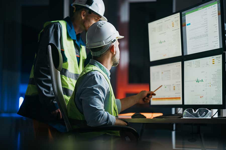 Construction individuals in front of a computer