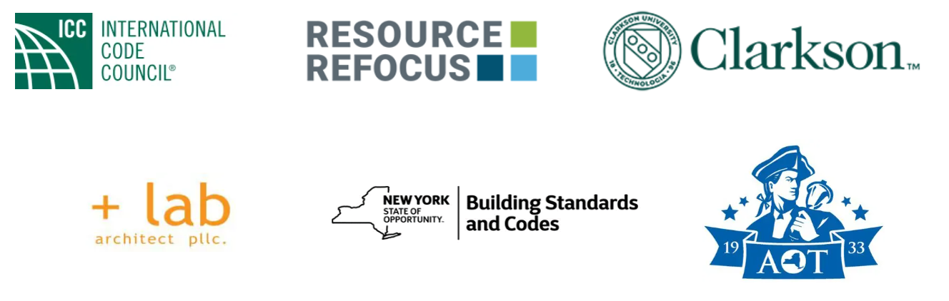 Logos for International Code Council, Resource Refocus, Clarkson University, +lab architect pllc, New York State Building Standards and Codes, and AOT collaged on a white background. 