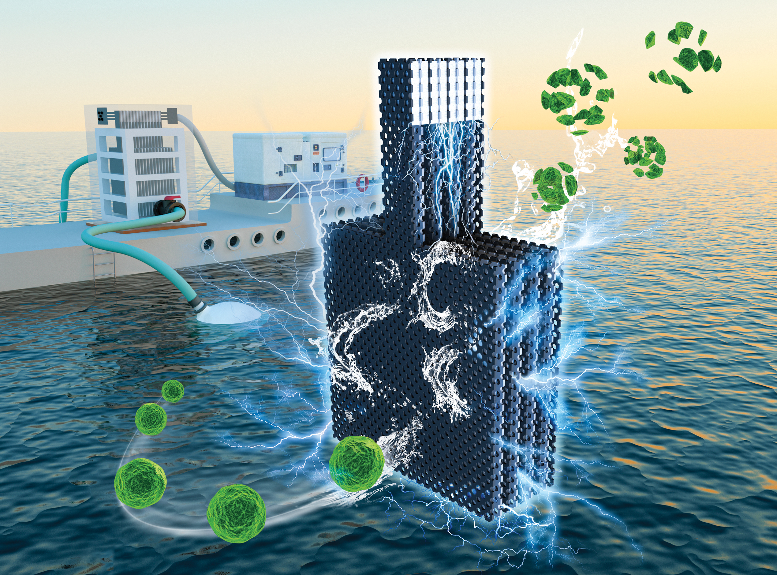 Contept illustration depicting a barge on water with a mitigation system sitting on it, with hoses reaching into the water in the background. In the foreground, green spheres representing HABs pass through electrified, porous metal sheets, with more spheres broken up on the far side of the sheets.